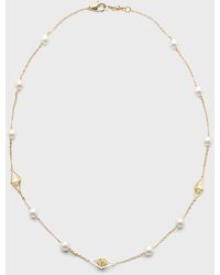 Pearls By Shari - 18k Yellow Gold 7mm White Akoya 10-pearl And 3-cube Necklace, 18"l - Lyst