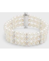 Utopia - 18k White Gold 3 Row Bracelet With Diamonds And Freshwater Pearls, 6-6.5mm - Lyst