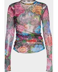 Area - Crystal-Necklace Printed Tulle Long-Sleeve Top - Lyst