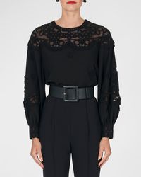 Carolina Herrera - Embroidered Puff-Sleeve Top With Lace Panels - Lyst