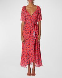 Carolina Herrera - Heart-Print Flutter-Sleeve Wrap Midi Dress With Ruffle Hem - Lyst