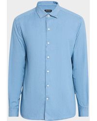 ZEGNA - Cotton And Linen Denim Casual Button-Down Shirt - Lyst