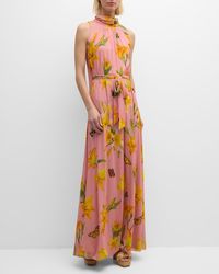 Fuzzi - Floral-Print Turtleneck Tulle Maxi Dress - Lyst