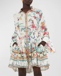 Camilla - Lace-trim Yoke Tiered Linen Mini Shirt Dress - Lyst