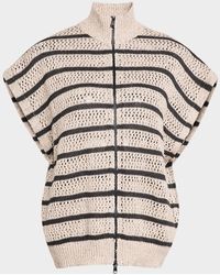 Brunello Cucinelli - Striped Paillette Knit Short-Sleeve Zip Cardigan - Lyst