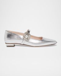 Roger Vivier - Belle Vivier Metallic Leather Crystal Buckle Mary Jane Ballerina Flats - Lyst