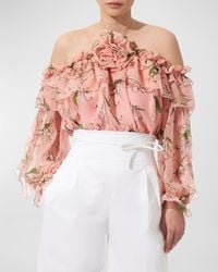 Carolina Herrera - Rose Halter Ruffle Long-Sleeve Silk Top - Lyst