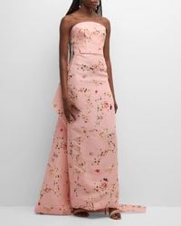 Monique Lhuillier - Strapless Floral Gazar Gown With Bustle Train - Lyst