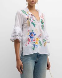 Johnny Was - Floral-Embroidered Cotton Blouse - Lyst
