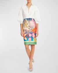 Badgley Mischka - Ruched Floral-Print Balloon-Sleeve Midi Dress - Lyst