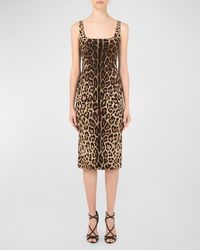 Dolce & Gabbana - Leopard Print Stretch Silk Midi Sheath Dress - Lyst