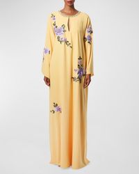 Carolina Herrera - Floral Embroidered Crystal Long-Sleeve Caftan Gown - Lyst