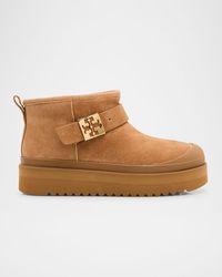 Tory Burch - Mellow Suede Shearling Buckle Platform Booties - Lyst