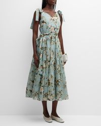 Erdem - Floral-print Tiered Midi Dress With Self-tie Shoulder Detail - Lyst