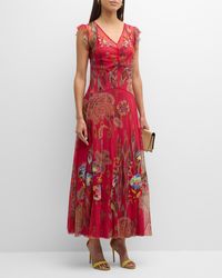 Johnny Was - Floral-Embroidered Ruffle-Trim Mesh Maxi Dress - Lyst