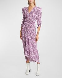 Isabel Marant - Albini Feather-Print Ruched 3/4-Sleeve Midi Dress - Lyst