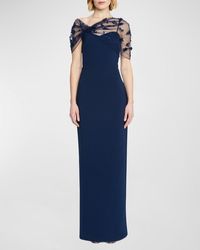 THEIA - Sofia Floral Applique Tulle & Crepe Gown - Lyst