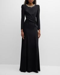 Jenny Packham - Plaza Crystal Draped Strong-shoulder Long-sleeve Gown - Lyst