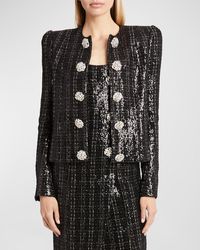 Balmain - Collarless Sequined Tweed Jacket With Jewel Buttons - Lyst