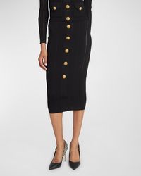 Balmain Buttoned Knitted Midi Pencil Skirt in Black | Lyst