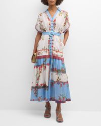 Saloni - Riya-b Belted Floral Linen Maxi Shirt Dress - Lyst