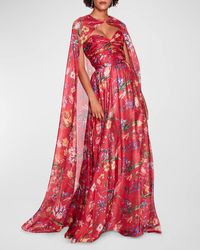 Marchesa - Cutout Floral-Print Sweetheart Cape Gown - Lyst