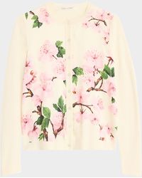 Oscar de la Renta - Cherry Blossom Silk Insert Crewneck Cardigan - Lyst