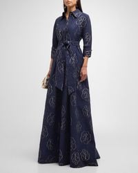Teri Jon - Pleated Metallic Floral Jacquard Shirt Gown - Lyst