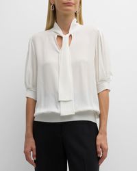 Lafayette 148 New York - Pleated Elbow-sleeve Tie-neck Blouse - Lyst