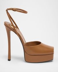 Saint Laurent - La Scandale Leather Peep-Toe Platform Sandals - Lyst