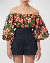 Carolina Herrera - Floral-Print Off-The-Shoulder Puff-Sleeve Top - Lyst