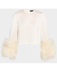 LAPOINTE - Feather-Trim Long-Sleeve Crop Satin Top - Lyst