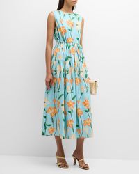 Misook - Sleeveless Floral-Print Cotton Midi Dress - Lyst