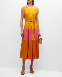 Carolina Herrera - Colorblock Pleated Knit Maxi Dress With Tie Belt - Lyst
