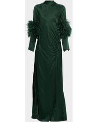 LAPOINTE - Feather-Trim Long-Sleeve Satin Maxi Dress - Lyst