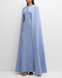 Teri Jon - Jewel-Embellished Cape-Sleeve Crepe Gown - Lyst