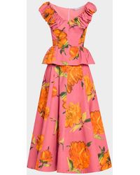 Lela Rose - Floral-Print Shirred V-Neck Cotton Peplum Top - Lyst