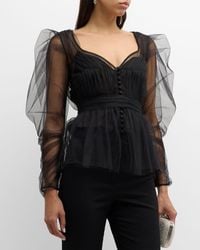 Carolina Herrera - Puff Long-Sleeve V-Neck Button-Front Tulle Top - Lyst