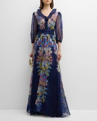 Maison Common - Floral-Print 3/4-Sleeve Ruffle Silk Organza Gown - Lyst