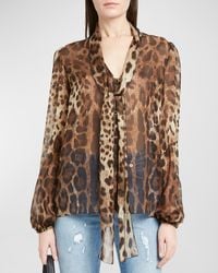 Dolce & Gabbana - Leopard Print Tie-Neck Chiffon Blouse - Lyst