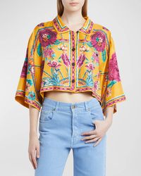 La DoubleJ - Sunset Floral Place-Print Crop Silk Shirt - Lyst