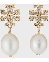 Tory Burch - Goldtone, Crystal & Faux-pearl Logo Drop Earrings - Lyst