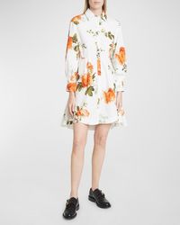 Erdem - Floral-Print Pleated-Back Long-Sleeve Mini Shirtdress - Lyst