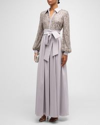 Badgley Mischka - Blouson-Sleeve Sequin Shirt Gown - Lyst