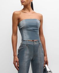 LAQUAN SMITH - Denim-Printed Leather Strapless Crop Bustier Top - Lyst