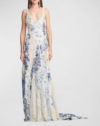 Ralph Lauren Collection - Harling Plunging Patchwork Lace-Trim Backless Evening Dress - Lyst