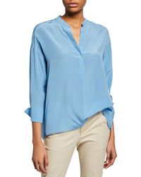 Vince Band-collar Silk Popover Blouse - Blue