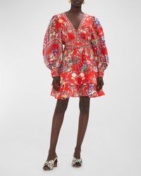 Camilla - Button-Front Floral Silk Frill Mini Dress - Lyst
