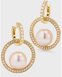 Pearls By Shari - 18k Yellow Gold Akoya Pearl And Diamond Double Hoop Earrings, 9mm - Lyst