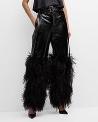 LAPOINTE - High-Rise Feather-Trim Patent Faux Leather Straight-Leg Belted Trousers - Lyst